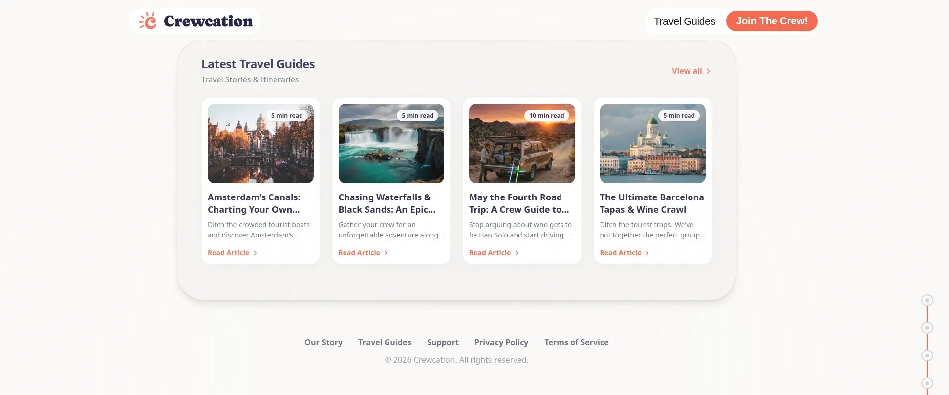 Crewcation website travel guides section on desktop, with destination guide cards