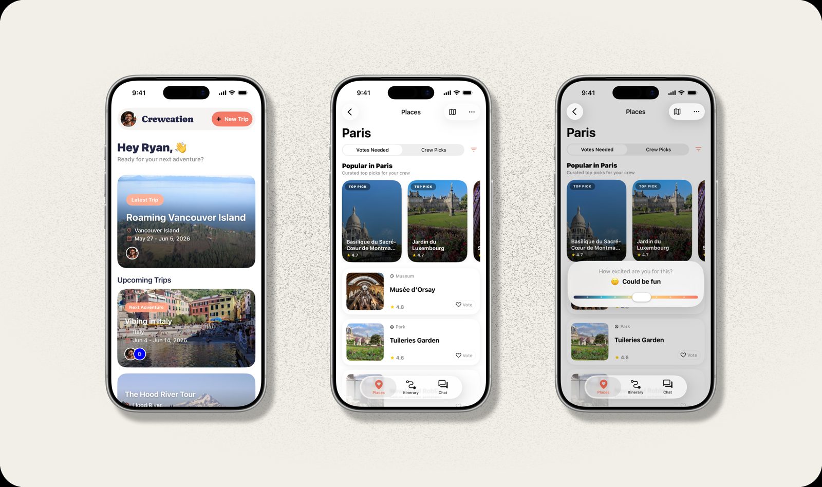 Three iPhones showing the Crewcation group travel app